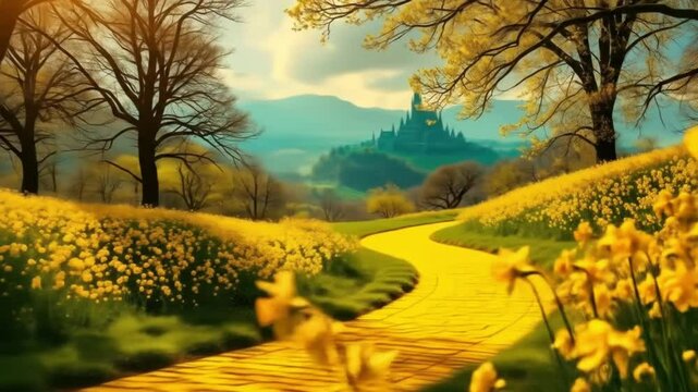 Enchanting yellow path leading to a mysterious castle nestled in a distant landscape