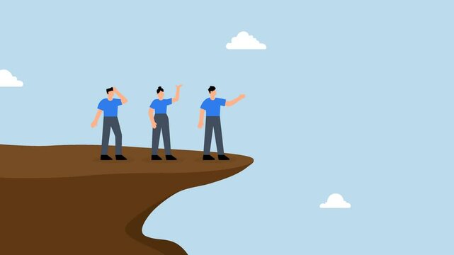 Wrong decision making, 4k animation of Stupid boss manager directing employees to jump off cliff.