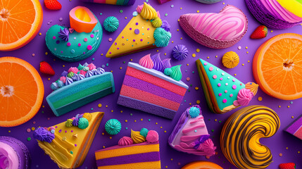 Fototapeta premium Colorful Cake Slice Assortment with Orange and Strawberry on Purple Background Still Life