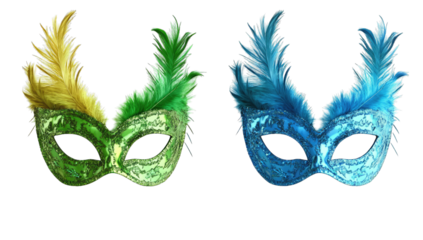 Two Masquerade Masks With Feathers One Green With Gold Feathers And The Other Blue With Turquoise Feathers