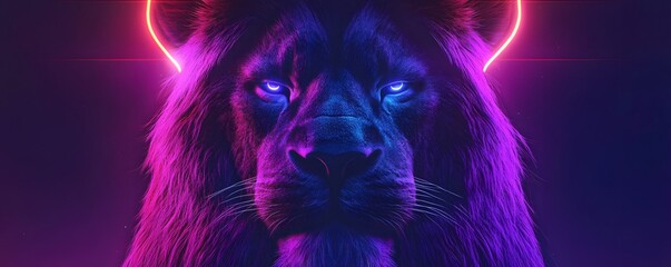 Close-up of a stylized lion with vibrant neon lighting.