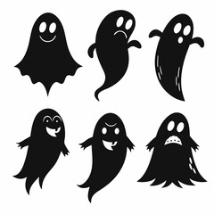 Black Ghost Icon Set – 6 Cute Halloween Cartoon Faces Vector Silhouettes