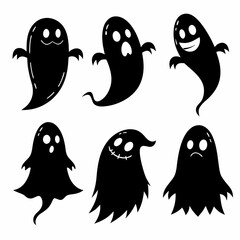 Black Ghost Icon Set – 6 Cute Halloween Cartoon Faces Vector Silhouettes