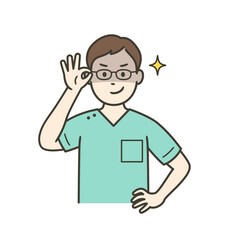 眼鏡を上げて悪巧みしてニヤける若い男性歯科医師
