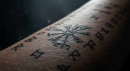 Close-up of forearm with Vegvisir compass and rune tattoos in dark lighting