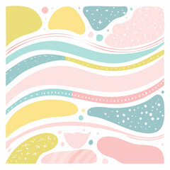 Vector of wavy blobs, pastel highlight shapes, and decorative tape strips in a trendy layout on white.