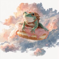 Kawaii surreal art. A frog sitting on a donut floating among colorful clouds.