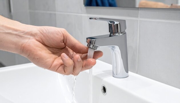 Water Conservation Concept: Male Hand Washing with Modern Chrome Faucet