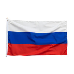 Russian flag horizontal stripes, white blue red, fabric texture, no pole, isolated white background, European photography