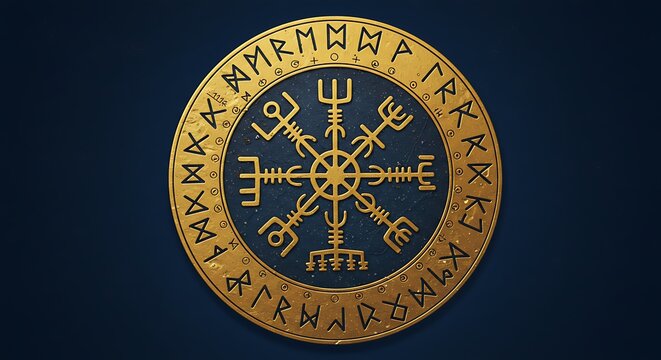 Golden Circular Design with Runes and Compass Rose