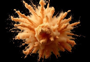 Abstract cloud of brown powder exploding against a black backdrop,   brown powder explosion, brown