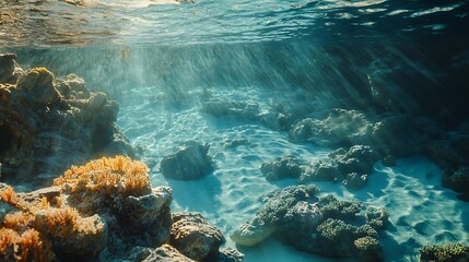 Obraz premium Sunlight Filtering Through Ocean Water Onto Sandy Seabed