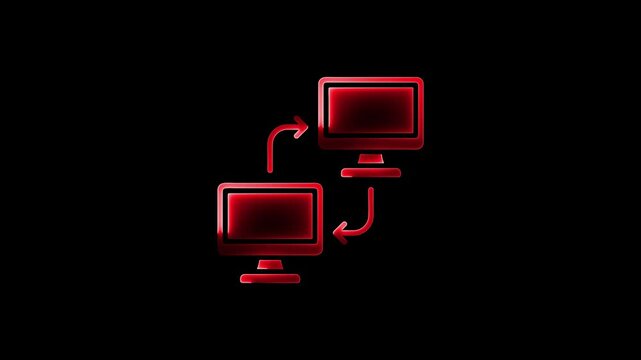Glowing red computer screens connected with arrows on black background