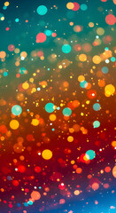 A vibrant abstract design featuring a gradient background of teal and red, adorned with colorful, shimmering circles of various sizes.