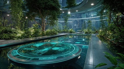 Futuristic Smart Pipeline in a Green Energy Facility with Neon Glow, Holographic Interfaces, and Biophilic Design.