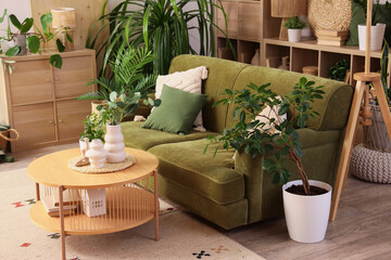 Interior of living room with green sofa, table and plants