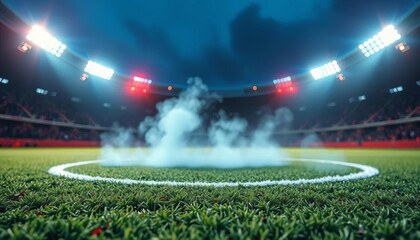 Close-up textured soccer field, neon fog center circle,  arena,  energy