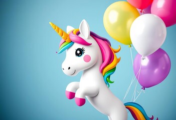 Cute unicorn with rainbow mane & tail, holding birthday balloons, festive, creature