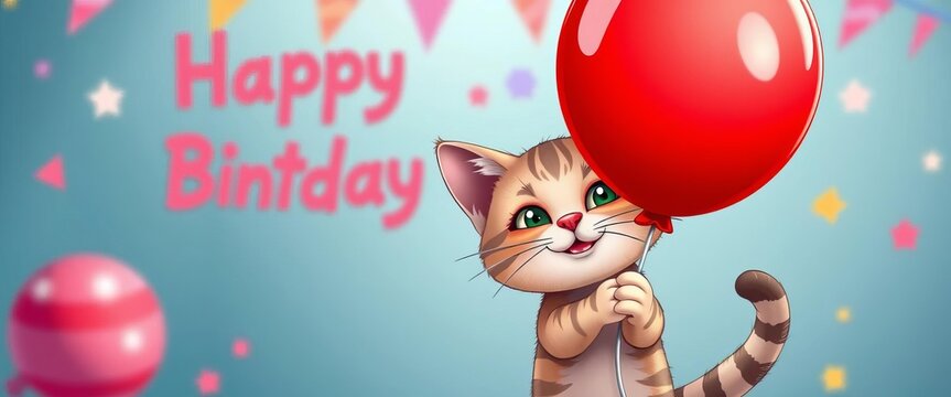 Cute cartoon cat holding red balloon, birthday party banner design, graphic, pet