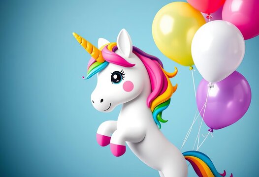 Cute unicorn with rainbow mane & tail, holding birthday balloons,  festive,  creature
