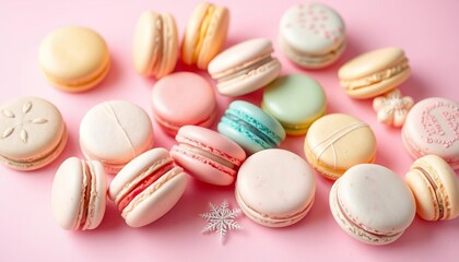 Fototapeta premium Delicate pastel pink backdrop showcasing assorted macarons, arranged artfully for a sweet treat, treats, bakery