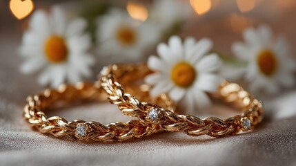 Fototapeta premium Golden friendship bracelets intertwined on velvet with daisies, celebrating bonds and heartfelt connections on International Friendship Day.