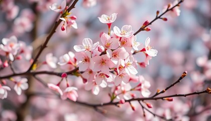 Obraz premium Delicate pink and white plum blossoms in full bloom on gracefully arching branches against a blurred background, banner, bloom