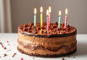 Delicious chocolate birthday cake with lit candles on white background,  gourmand,  food