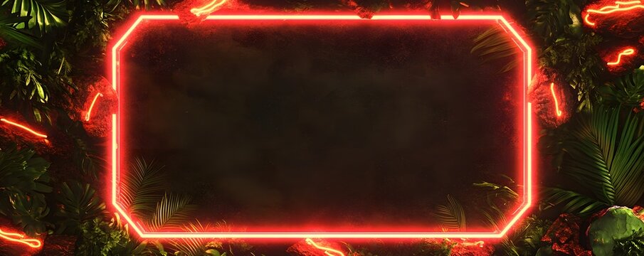 Neon red frame bordered by tropical foliage.