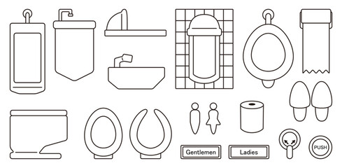 アイコン、シンボル、修飾などにも使える便器などトイレに関係したイラストを黒と白でデザインしたベクターのコレクション