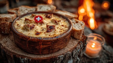 Naklejka premium Rustic wooden platter with Swiss cheese fondue and bread, Swiss cross pin; celebrating Swiss National Day with alpine charm.