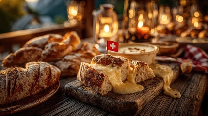 Rustic wooden platter with Swiss cheese fondue and bread, Swiss cross pin; celebrating Swiss National Day with alpine charm.