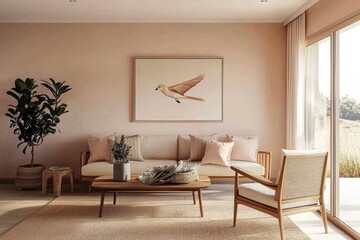 A harmonious blend of vibrant art and peach hues creates a serene living environment.