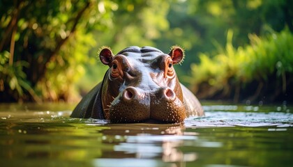 Fototapeta premium Eye Level Portrait of a Hippopotamus Wallowing in the Water, Serenely Peaceful