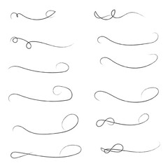 and drawn collection of curly swishes, swashes and swoops. Brush drawn thick curved smears. Highlight text elements isolated on transparent background. Underline typography tail shapes