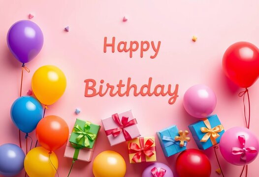 Flat lay birthday card design with colorful balloons & gift boxes on pastel background,  presents,  studio shot