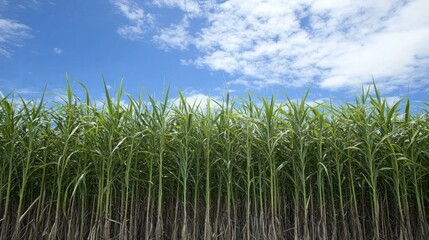 Lush green grass field under a partly cloudy sky