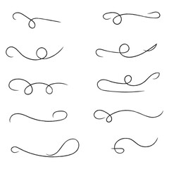 and drawn collection of curly swishes, swashes and swoops. Brush drawn thick curved smears. Highlight text elements isolated on transparent background. Underline typography tail shapes