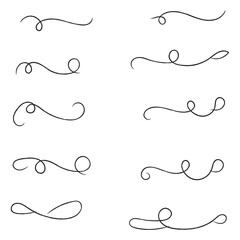 and drawn collection of curly swishes, swashes and swoops. Brush drawn thick curved smears. Highlight text elements isolated on transparent background. Underline typography tail shapes