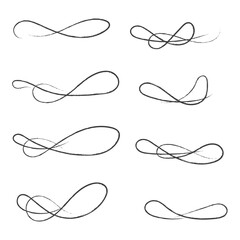 and drawn collection of curly swishes, swashes and swoops. Brush drawn thick curved smears. Highlight text elements isolated on transparent background. Underline typography tail shapes