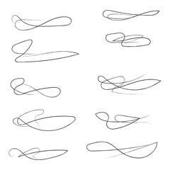 Hand drawn of curly swishes Set, swashes and swoops. Vector thin underline text tails. Hand drawn calligraphy pen curved lines and curls. Calligraphy swirl. Underline typography tail shapes