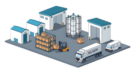Modern Isometric Warehouse Distribution Center Illustration with Delivery Trucks and Forklift