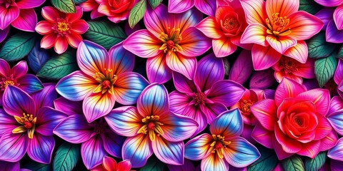 Intricate exotic blooms in vibrant hues, seamlessly repeating for a modern wallpaper texture, paper, digital