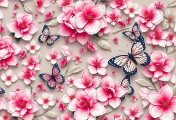 Intricate floral pattern with delicate butterflies and blossoms, elegant pastel hues, artwork, macro