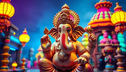 Intricate Ganesha statue, vibrant temple backdrop, AI-generated art,  Hindu,  vibrant