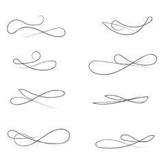 Hand drawn of curly swishes Set, swashes and swoops. Vector thin underline text tails. Hand drawn calligraphy pen curved lines and curls. Calligraphy swirl. Underline typography tail shapes
