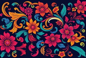 Intricate swirling floral motif, ethnic-inspired, vibrant colors, modern design,  modern,  ornate