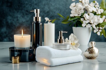 Relaxing spa essentials home bathroom product photography peaceful environment close-up view self-care concept
