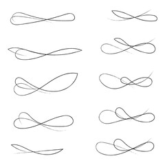 Hand drawn of curly swishes Set, swashes and swoops. Vector thin underline text tails. Hand drawn calligraphy pen curved lines and curls. Calligraphy swirl. Underline typography tail shapes