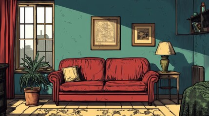  Living room scene with no people, comic book style.